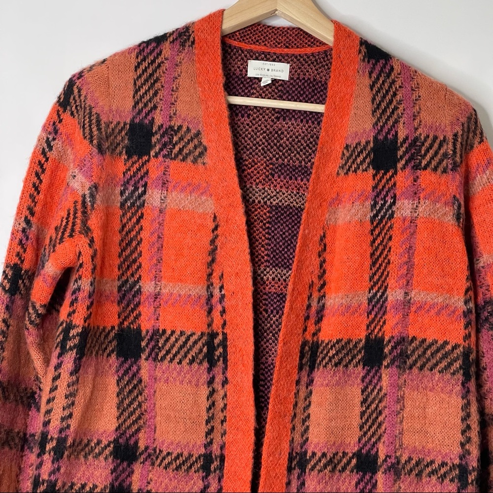 Lucky Brand Wool Blend Open Front Brushed Plaid Oversized Knit Cardigan Sz M - Picture 3 of 14